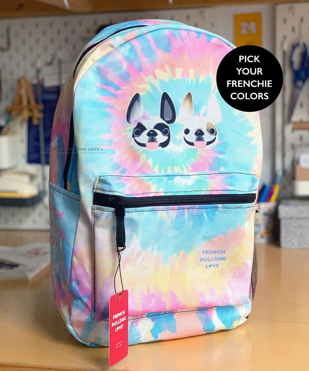 Tie Dye Backpack 2 Frenchies by French Bulldog Love CLASSIC