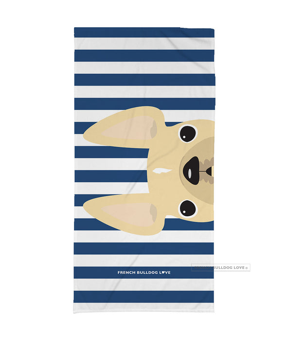Cream / Navy Striped French Bulldog Beach Towel