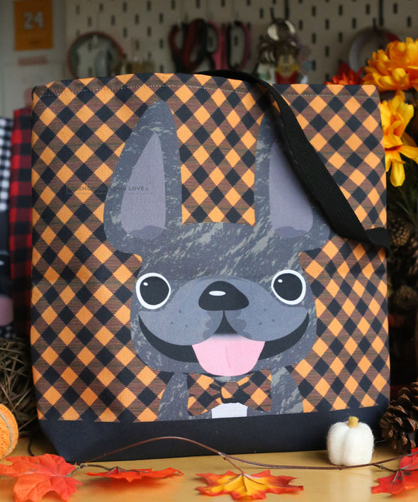 Orange Fall Plaids Tote Bag by French Bulldog Love