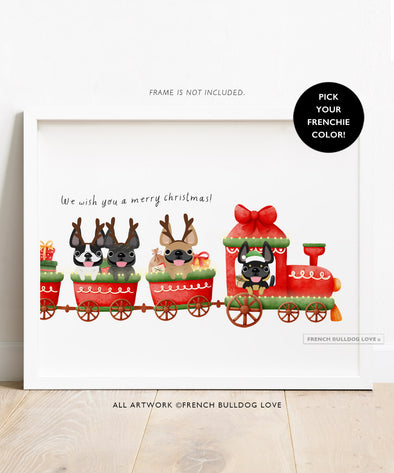 Holiday Train - 4 Frenchies - French Bulldog Custom Print 8x10