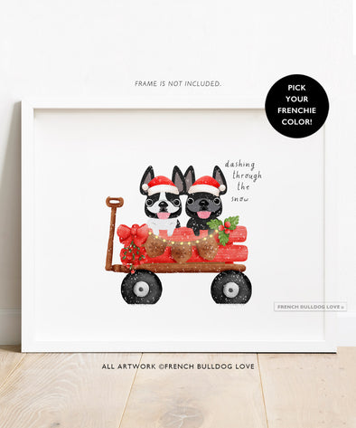 Holiday Wagon - 2 Frenchies - French Bulldog Custom Print 8x10