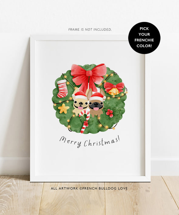 Holiday Wreath - 2 Frenchies - French Bulldog Custom Print 8x10