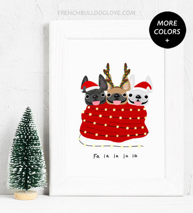 Holiday Snuggles - 3 Frenchies - French Bulldog Holiday Dog Print 8x10