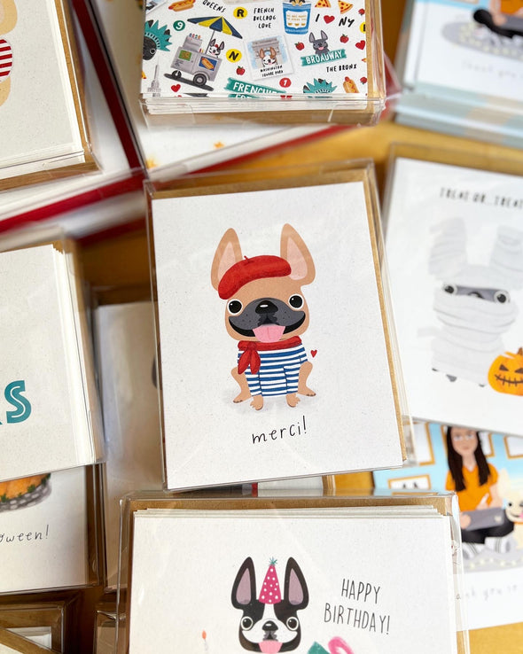 Merci! - Stripes - French Bulldog Note Cards - Set of 12