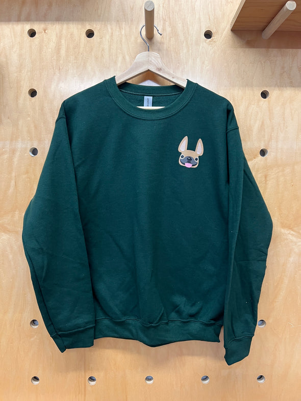 SAMPLE - FRENCHIE FACE SWEATSHIRT - FAWN FRENCHIE - SMALL - FOREST GREEN