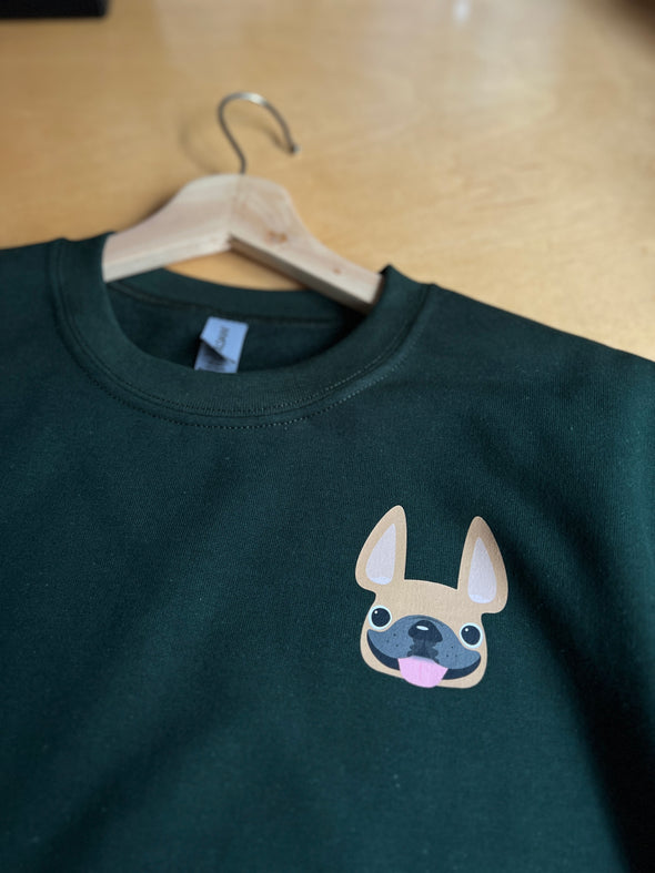 SAMPLE - FRENCHIE FACE SWEATSHIRT - FAWN FRENCHIE - SMALL - FOREST GREEN