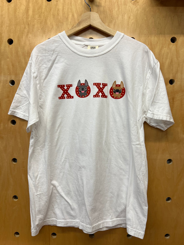 SAMPLE - XOXO T SHIRT - GREY AND FAWN FRENCHIES - LARGE - WHITE