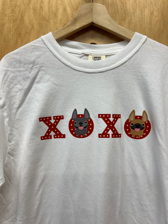 SAMPLE - XOXO T SHIRT - GREY AND FAWN FRENCHIES - LARGE - WHITE