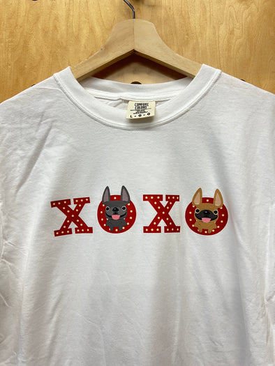 SAMPLE - XOXO T SHIRT - GREY AND FAWN FRENCHIES - LARGE - WHITE