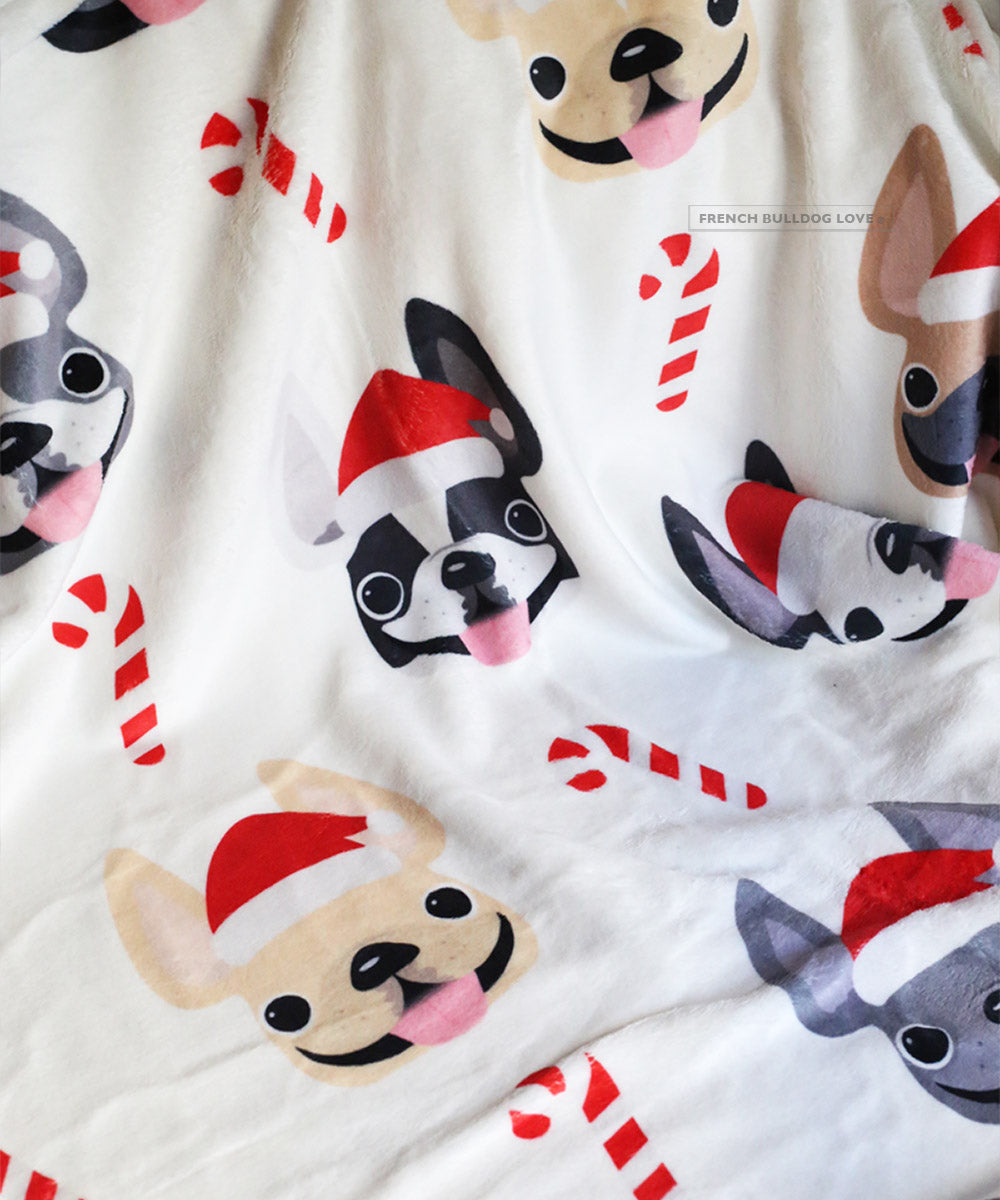 Christmas Frenchie Throw Blanket Candy Cane Fleece Blanket