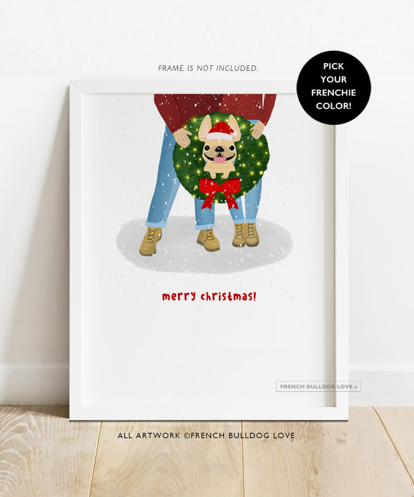 Family Wreath - French Bulldog Holiday Dog Print 8x10