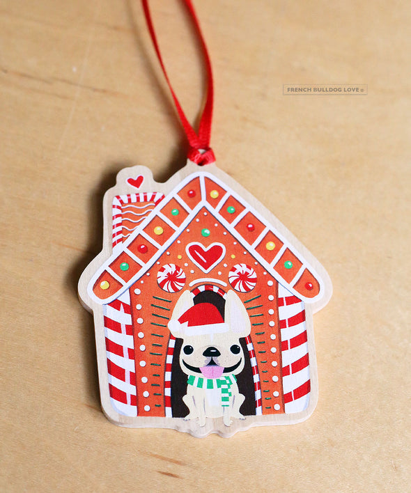 Frenchie Gingerbread House - Wood Holiday Ornament