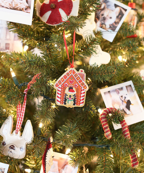 Frenchie Gingerbread House - Wood Holiday Ornament