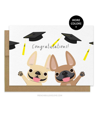 Frenchie Hat Toss - Two Frenchies - Graduation Card
