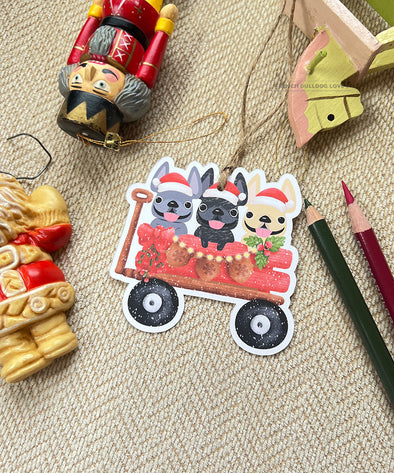 Holiday Wagon Gift Tags - THREE Frenchies - Set of 12 - Pick Your Frenchie Color