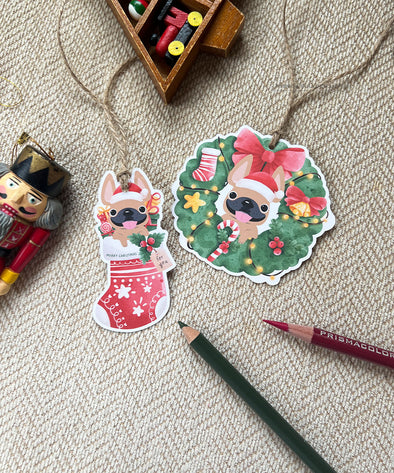 Holiday Wreath & Stocking Gift Tags - Set of 12 - Pick Your Frenchie Color
