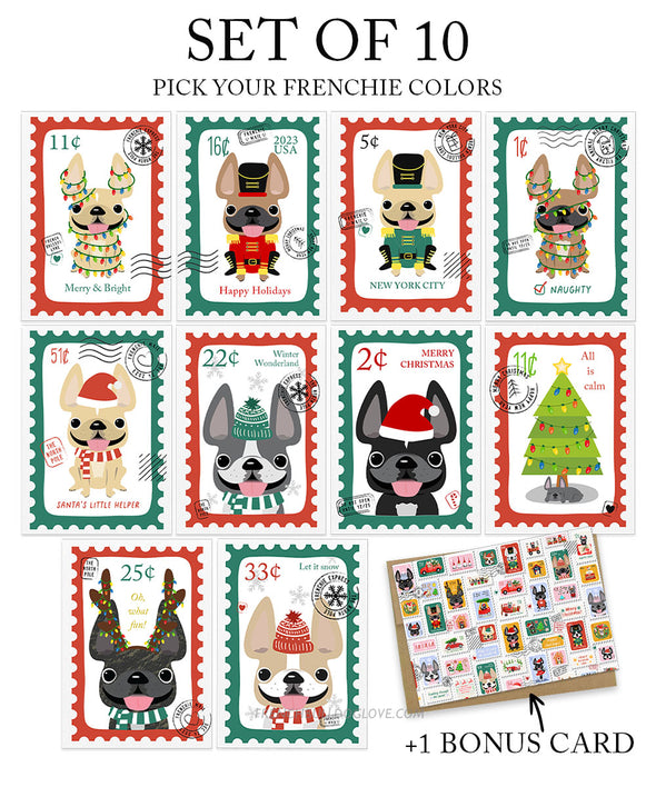 Holiday Stamps Set of 10 - Plus 1 Bonus Card - French Bulldog Christmas Card