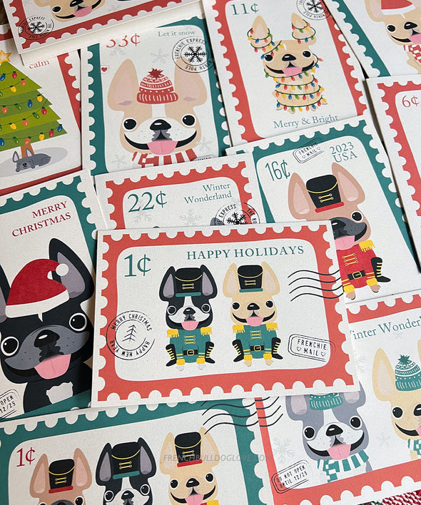 Holiday Stamps Set of 10 - Plus 1 Bonus Card - French Bulldog Christmas Card