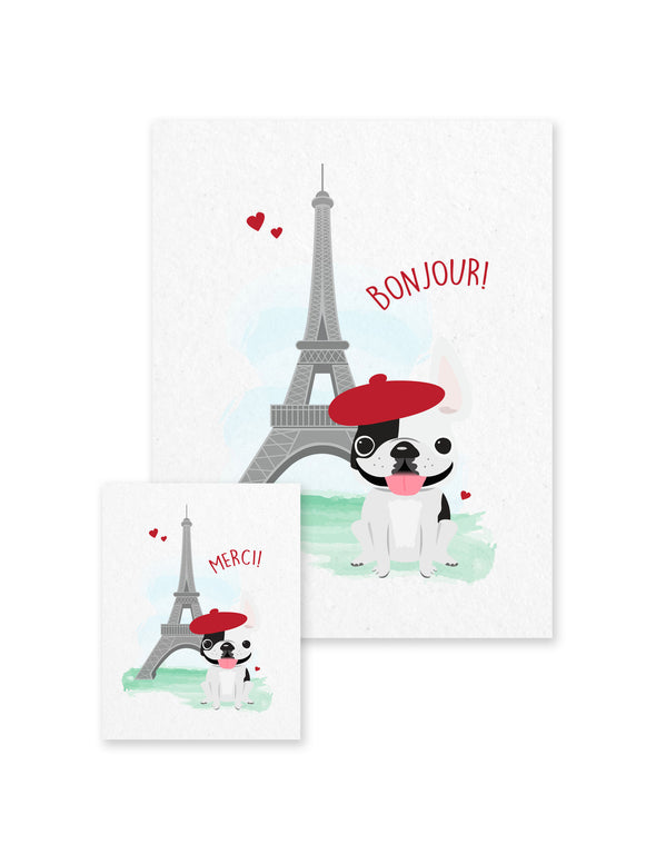 Bonjour/Merci 12 Card French Bulldog Eiffel Tower Set - French Bulldog Love - 4