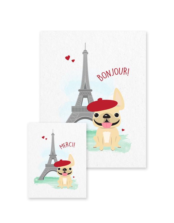 Bonjour/Merci 12 Card French Bulldog Eiffel Tower Set - French Bulldog Love - 9