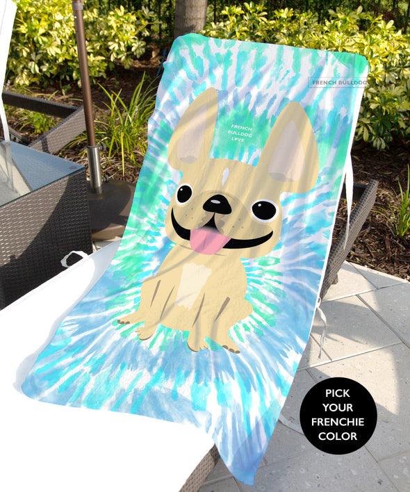 Tie Dye Beach Towel - Blues / Pick Your Frenchie Color