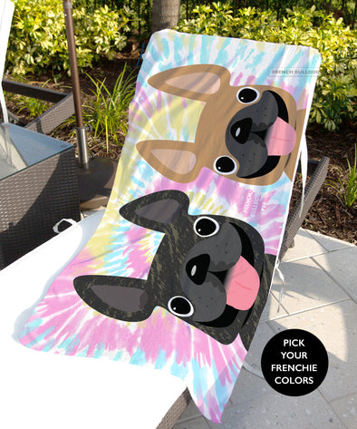 Tie Dye Beach Towel - 2 Frenchies - Cotton Candy // Pick Your Frenchie Colors