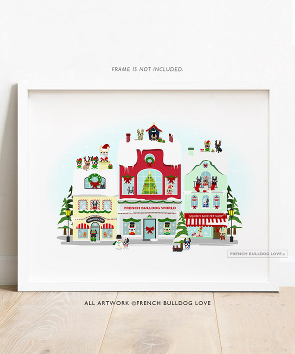 Miracle on Frenchie Street Holiday Art Print 8x10