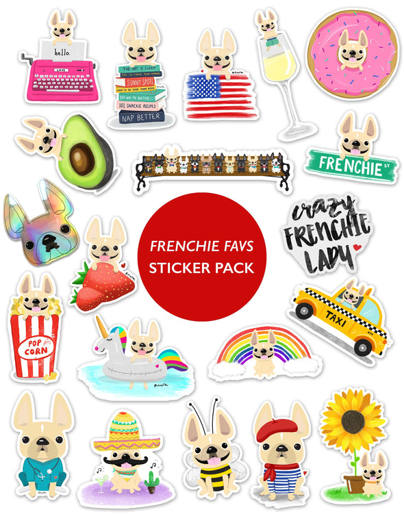 FRENCHIE FAVS STICKER PACK - Set of 20 - BEST DEAL - Waterproof Vinyl Stickers - French Bulldog Love
