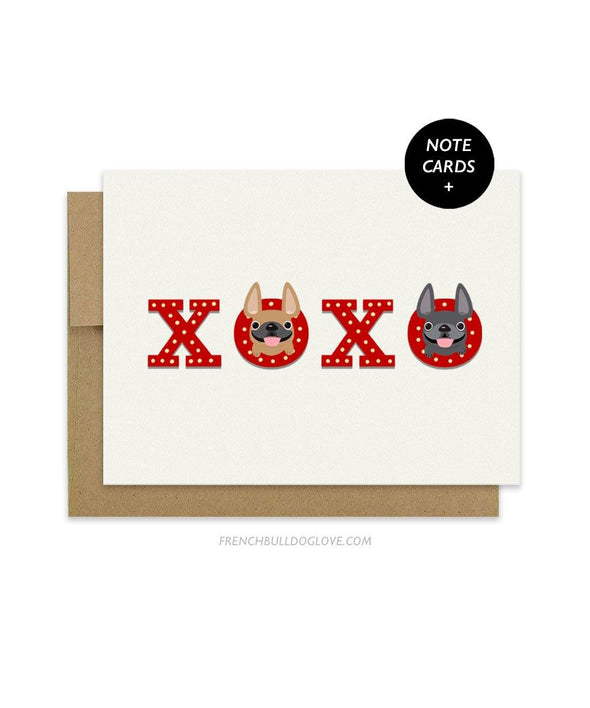 XOXO - French Bulldog Note Cards - Set of 12 - French Bulldog Love