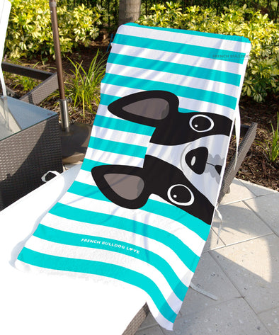 Black & White Pied / Striped French Bulldog Beach Towel