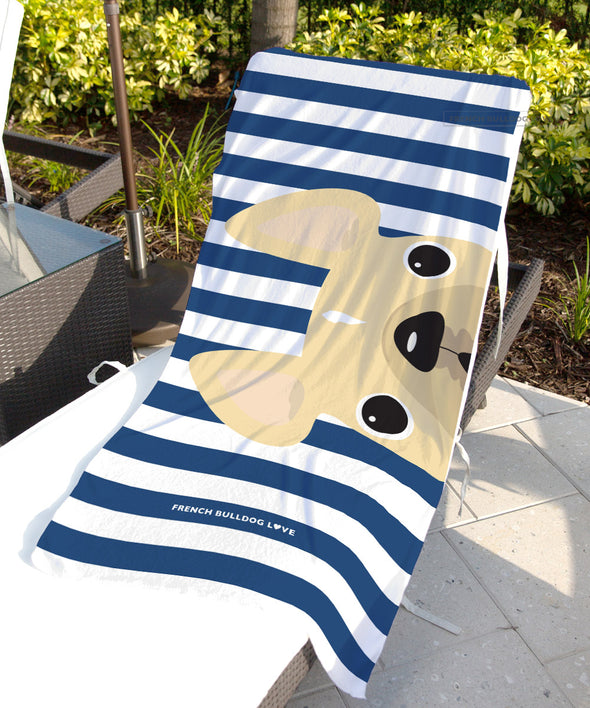Cream / Navy Striped French Bulldog Beach Towel
