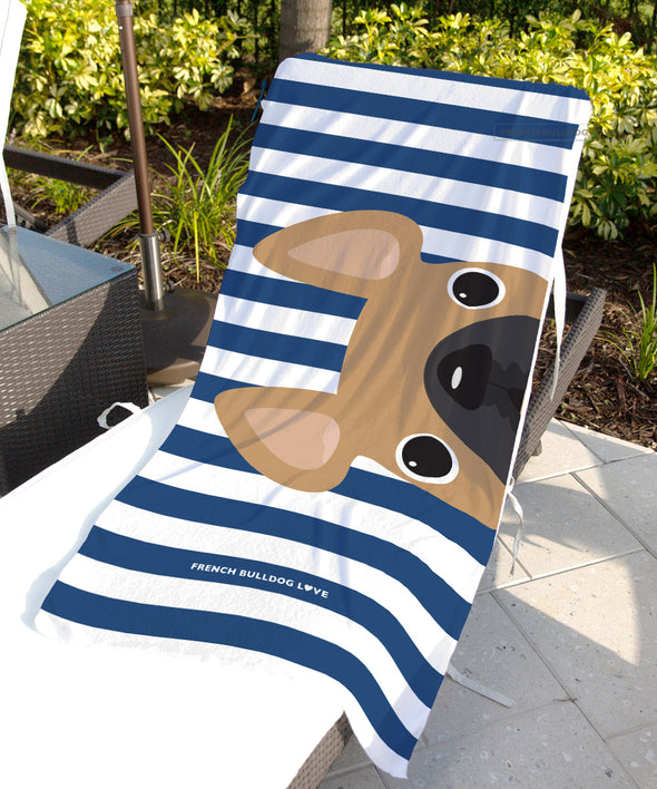 Fawn / Navy Striped French Bulldog Beach Towel