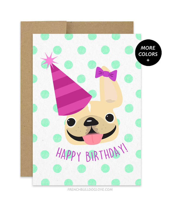 Polka Dot - Green - Frenchie Birthday Card - Girl