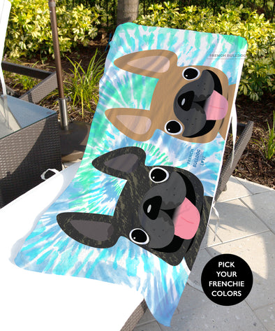 Tie Dye Beach Towel - 2 Frenchies - Blues // Pick Your Frenchie Colors
