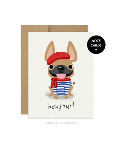 Bonjour - Stripes - French Bulldog Note Cards - Set of 12