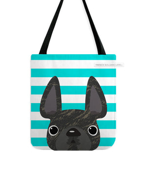 Brindle / Teal Striped French Bulldog Tote Bag