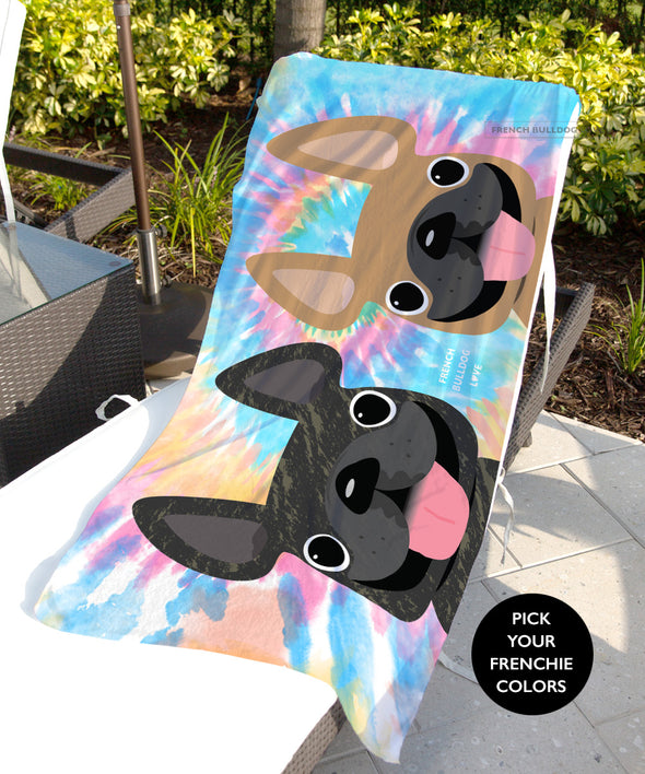 Tie Dye Beach Towel - 2 Frenchies - Classic // Pick Your Frenchie Colors