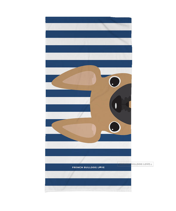 Fawn / Navy Striped French Bulldog Beach Towel