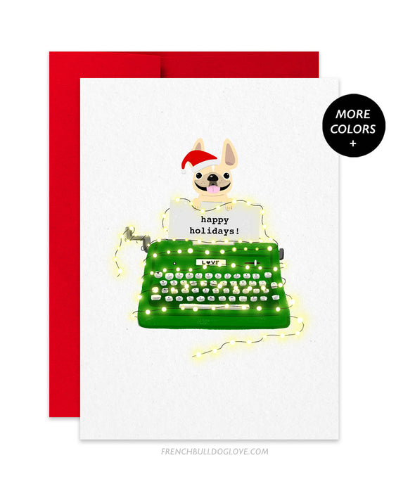 Green Typewriter "Happy Holidays" French Bulldog Christmas Card