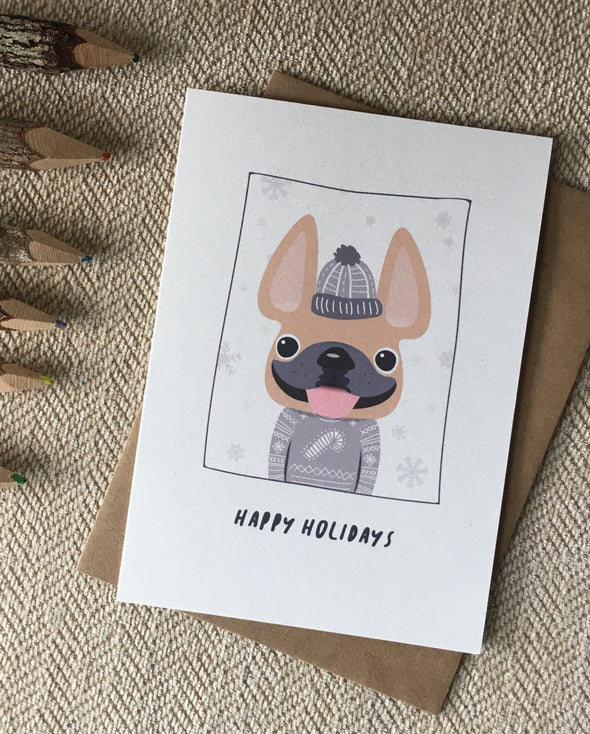 Sweater Weather Happy Holidays French Bulldog Holiday Card