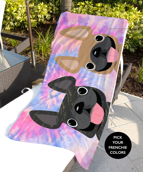 Tie Dye Beach Towel - 2 Frenchies - Pinks // Pick Your Frenchie Colors