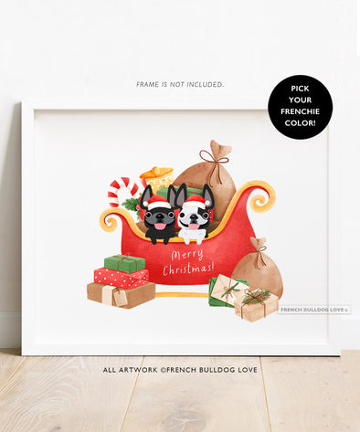 Holiday Sleigh - 2 Frenchies - French Bulldog Custom Print 8x10