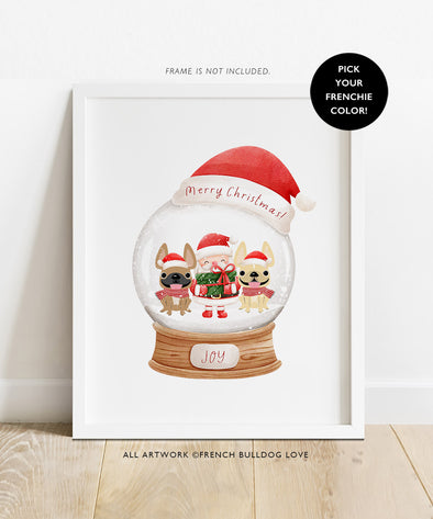 Holiday Snow Globe - Santa - 2 Frenchies - French Bulldog Custom Print 8x10