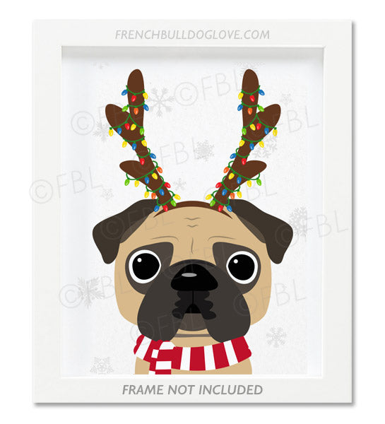 Pug With Antlers - Custom Holiday Pug Print 8x10