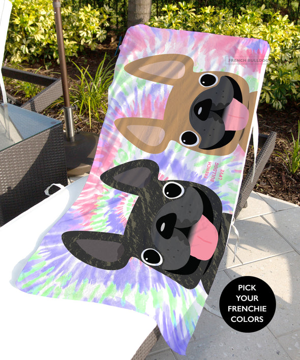 Tie Dye Beach Towel - 2 Frenchies - Retro // Pick Your Frenchie Colors