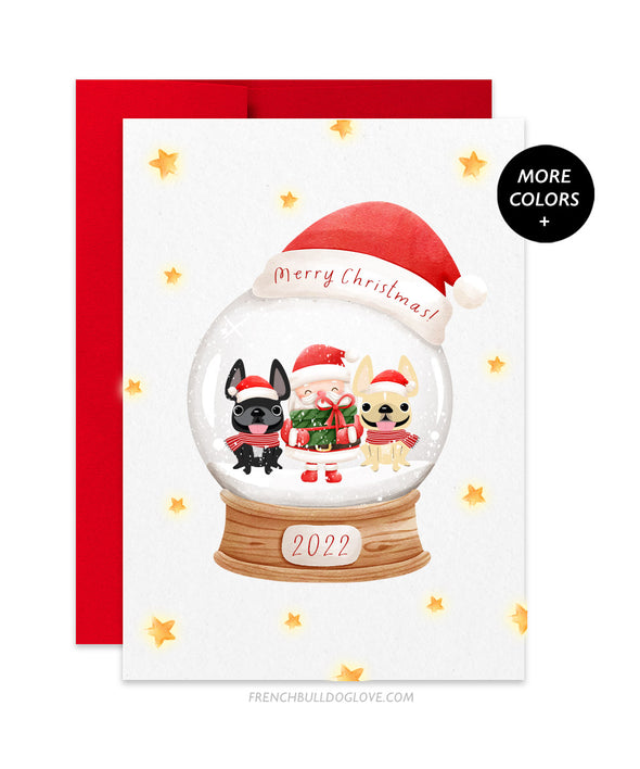 Holiday Snow Globe - Santa - TWO Frenchies - French Bulldog Holiday Christmas Card