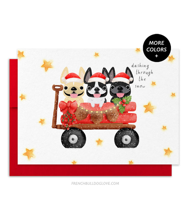 Holiday Wagon - THREE Frenchies - French Bulldog Holiday Christmas Card