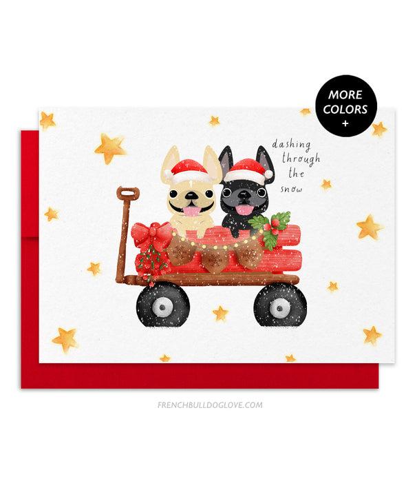 Holiday Wagon - TWO Frenchies - French Bulldog Holiday Christmas Card