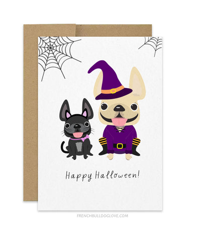 Witch & Cat - French Bulldog Halloween Card