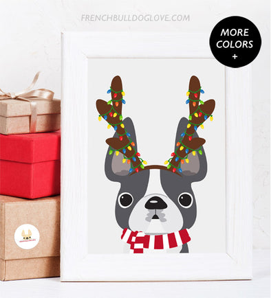 Holiday Print Antlers French Bulldog Holiday Custom Print 8x10